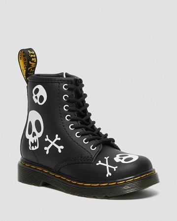 Dr Martens Toddler 1460 Skull & Bones Leren Veterlaarzen Kinderen Zwart Wit | NL 120VRW